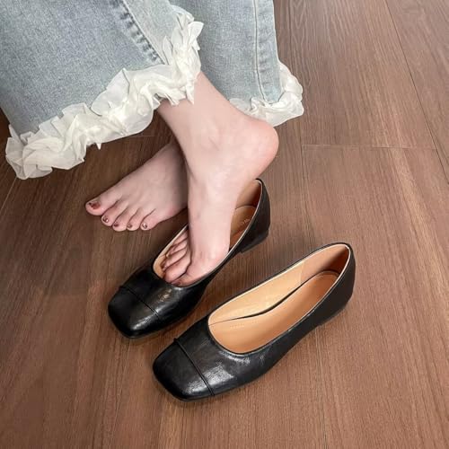 ChaiRong Zhou Women Square Toe Pu Leather Flats Slip on Casual Dress Office Driving Shoes2