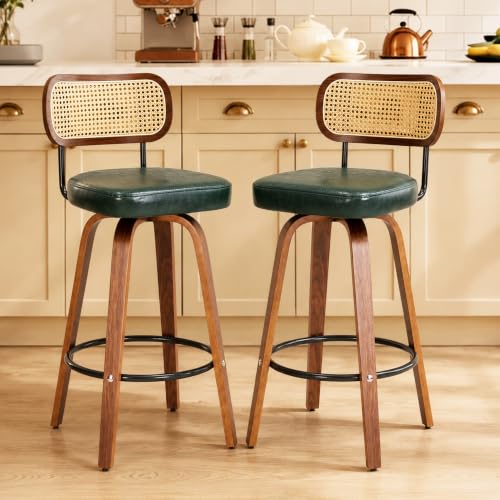 Image of Rattan Bar Stools Set of 2,Upholstered PU Leather, 30''Counter Height Barstools with Back and Wood Legs,360Swivel,Mid-Century Modern Bar Stool for Kitchen Island Dining Room and Bar(Vintage Green)