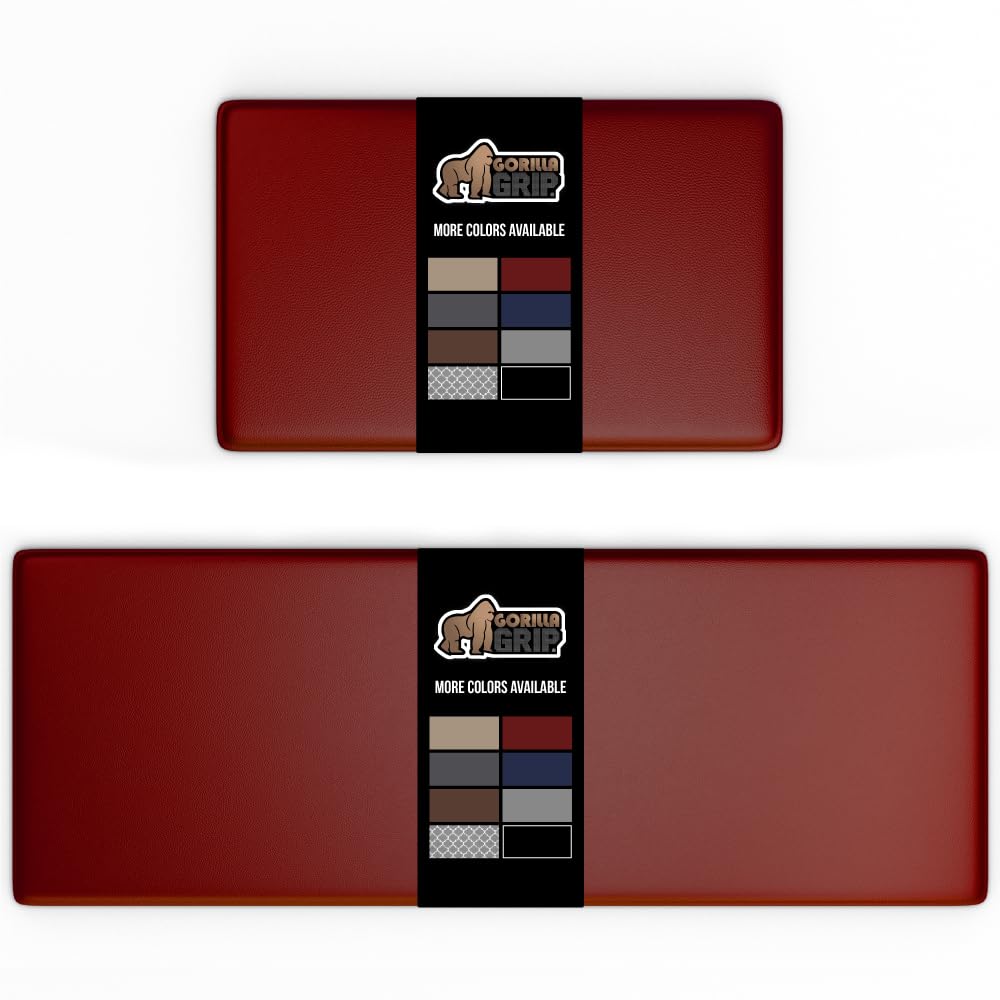 Gorilla Grip 2 Piece Stain Resistant Ergonomic Kitchen Antifatigue Comfort Rugs, Comfortable Thick Padded Mat, Supportive Durable Cushion, Office Standing Desk Floor Mats, 17x48 and 17x24, Red