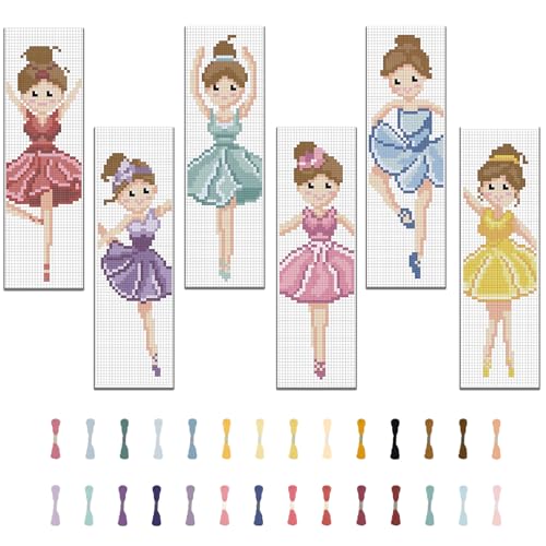 Image of FREEBLOSS 6 Set Cross Stitch Kits with Instructions - Cartoon Ballerina Pattern Punch Needle Kit for Beginners - Gift Bookmarks