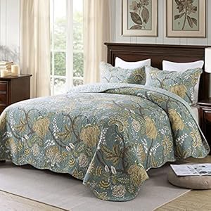 Travan 3-Piece Quilt Set Quilted Bedspread Cotton Coverlet Set Floral Printed Oversized Quilted Bedding Set with Shams for All Season, Green Vine, Queen Size Travan 3 Piece Quilt Set Quilted Bedspread Cotton Coverlet Set Floral Printed Oversized Quilted Bedding Set with Shams for All Season Green Vine Queen Size