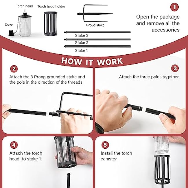 4 Pack Glass Citronella Torches, 16 oz Garden Torches for Outside with 3-Prong Grounded Stake, 55 inch Outdoor Clear Glass Flame Light Torch for Yard, Patio, Deck, Garden, Party, Landscape