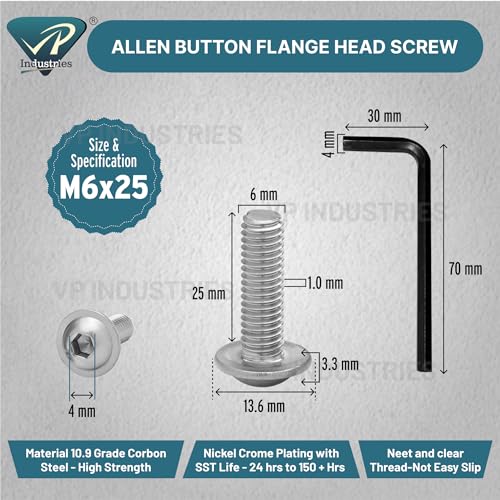 Image of Rely⇒VP INDUSTRIES (Pcs-25) M4x20mm Button Head Cap Screw High Tensile 10.9 Grad| Allen Head Button Cap Screw with Allen Key 1 Pc Free | Allen Round Mushroom Head Screw Alloy Steel Black