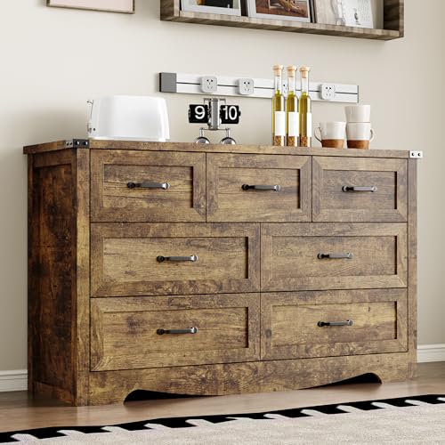 Image of BORNOON 7-Drawer Dresser for Bedroom, Modern Wooden Chest of Drawers with Metal Handles, Anti-Tipping Design, Sturdy and Stable Storage Organizer for Living Room, Entryway, Home Office
