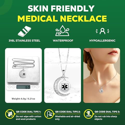 Medical Alert Necklace for Women - Stainless Steel Medical Necklace Engraved QR Code - More Space Custom Online Emergency Info2
