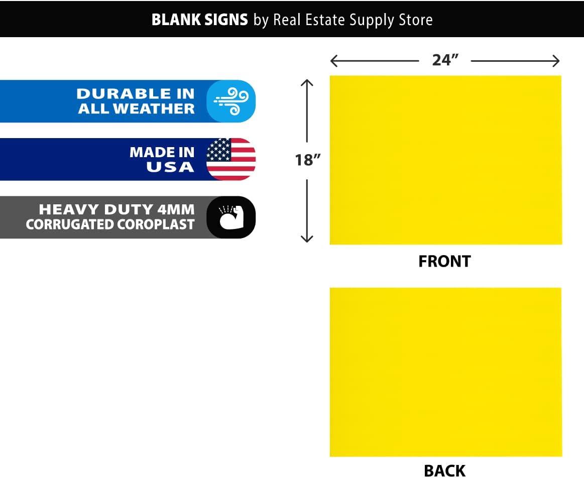 24x18 Blank Yellow Corrugated White Yard Sign Kits Includes Tall 10x24 Double H Yard Stakes, Waterproof Heavy Duty Outside Bulk Sign Boards (Yellow 24x18-10 Pack)