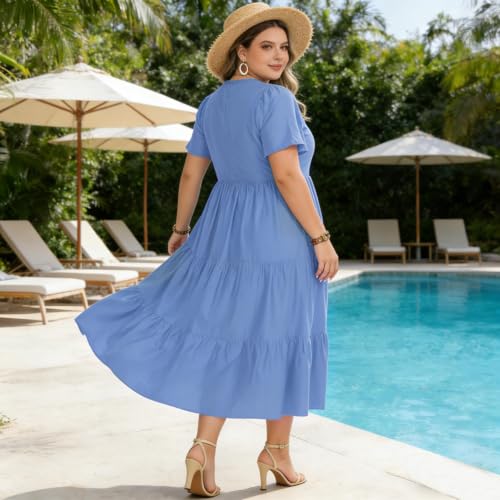Image of Women's Plus Size Summer Dresses Floral Casual Tiered Midi Dresses V-Neck Short Sleeve Long Maxi Dress with Pockets