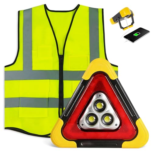 LED Warndreieck Auto Kfz mit Warnwesten Auto 2-in-1 Solar Pannendreieck mit 4 Lichtmodi & SOS Funktion Klappbares Tragbares Notfalllicht Sicherheitsleuchte für Pannenhilfe Auto Camping & Reparatur
