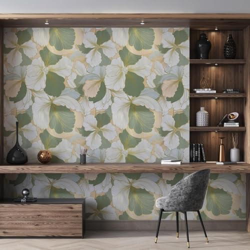 Image of KBR Elegant Green & White Floral Wallpaper (45 x 300 cm) - Flower Pattern Peel & Stick Self-Adhesive Wall Covering with Soft Botanical Design for Roll for Living Room, Bedroom & Hallway Decor