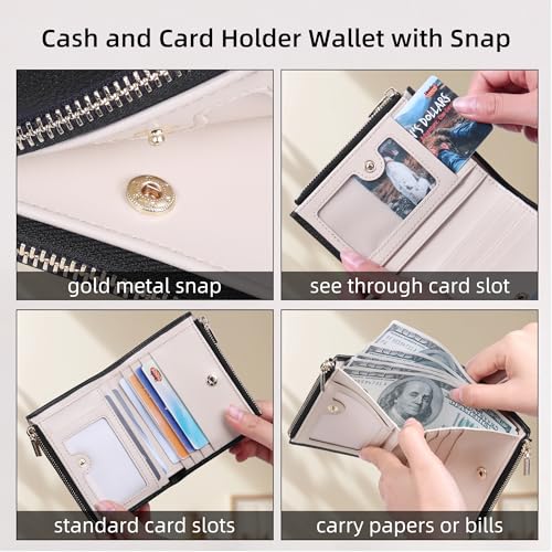 VISOUL Small Wallet for Women Genuine Leather, Compact Bifold Card Holder Wallet RFID Blocking with Zipper Coin Pocket (Black and Ivory)3