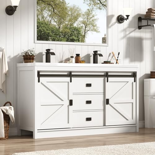 Double Bathroom Vanity with Sink & Faucet & Sewer Pipes,59' Farmhouse Bathroom Vanity Cabinet Set with 3 Storage Drawers & Sliding Barn Door,Double Sink Vanities With Metal Handle(White)