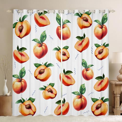 feelingyou Cortinas de melocotón amarillo para ventanas, cortinas de carne dulce de frutas maduras para sala de estar, cortinas opacas con estampado de dibujos animados de comida deliciosa, juegos de