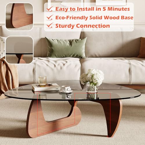 Image of Modern Coffee Table for Living Room and Small Spaces, 35.6 inch x 25.4 inch x 15.8 inch Triangle Tempered Glass Table Top and Solid Wood Base, Walnut