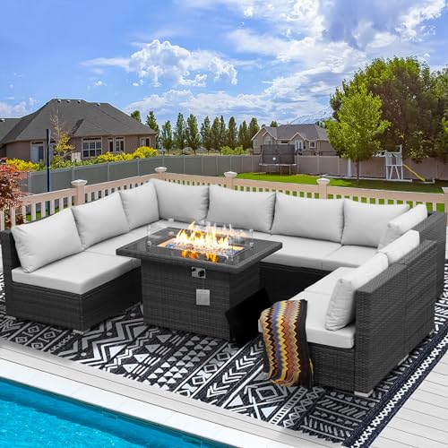 RADIATA 9 Piece Wicker Patio Furniture Set with Fire Pit, All-Weather Outdoor Sectional Couch High Back Large Size, Modular Backyard Seating Sofa Set with Propane/Natural Gas Firepit Table, Light Grey