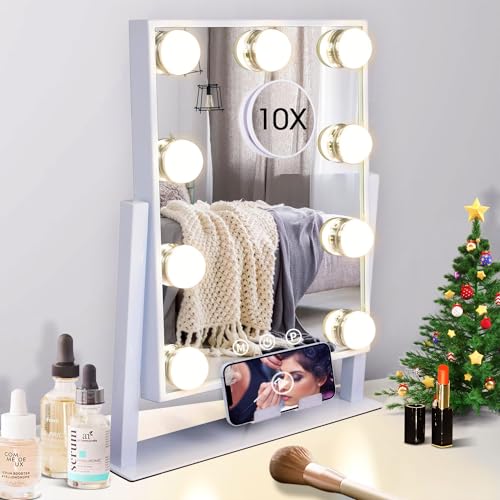 Kottova Makeup Mirror Vanity Mirror with Lights Lighted Make Up Mirror,3 Color Modes,9 LED Dimmable Hollywood Mirror with Stand,Touch Control,360 Rotation,Detachable 10X Magnification Mirror,White