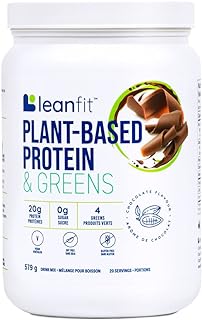 LEANFIT PLANT-BASED PROTEIN & GREENS Natural Chocolate - 20g Plant Protein + 4 Leafy Greens Per Serving - Vegan, Gluten-Free, Soy-Free, No Sugar - 20 Servings, 579g Tub