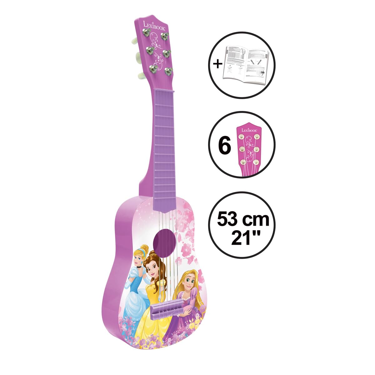 Lexibook Disney Princess Roszpunka Moja Gitara, 6 Strun Nylonowych, 53 cm, Przewodnik w Zestawie, Różowy, Fioletowy, K200DP