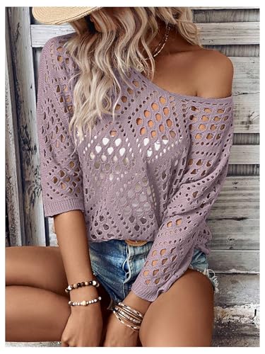 Image of Verdusa Women's Crochet Beach Summer Sweater 3 /4 Length Sleeve Boho Off The Shoulder Tops