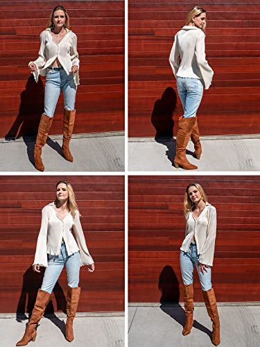 Kojooin Women Deep V Neck Blouse Long Flared Sleeve Tops Button Front Dressy Casual Shirts Top Beige #TOP4