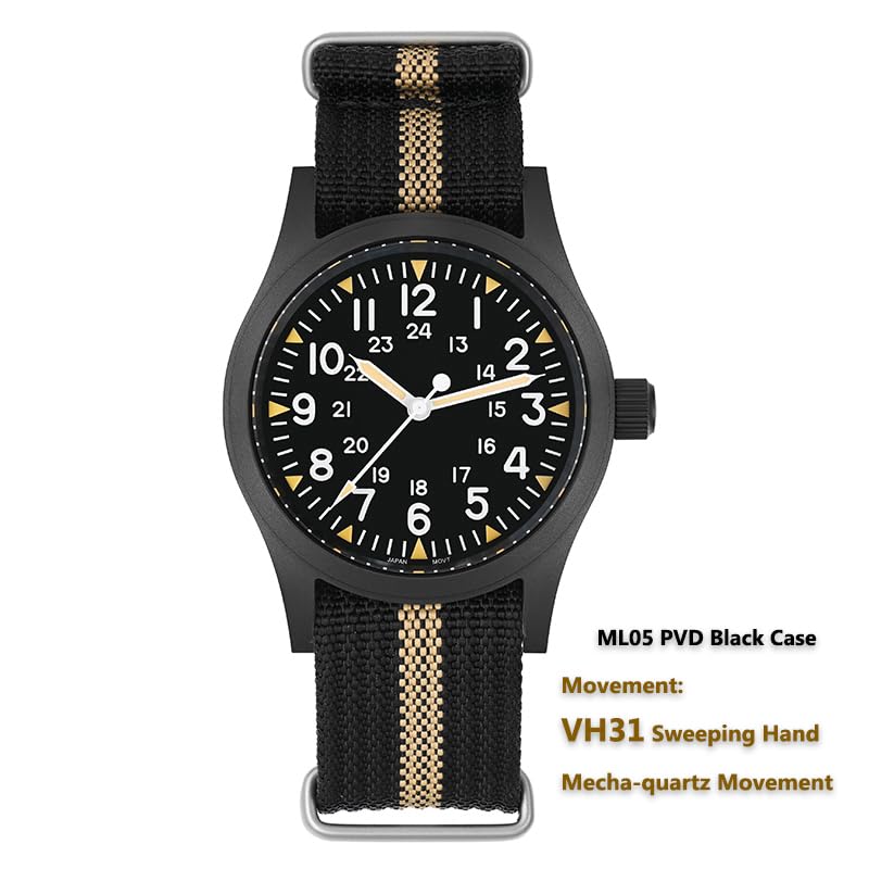 Image of Militado ML05 38mm VH31 Quartz Watch - Domed Sapphire Crystal Field Watch C3 Super Luminous Retro Sweep Wrist Watch for Men 100M Waterproof