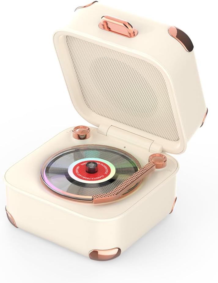 Vintage Vinyl Speaker with Colorful Lights, Music Player with 3 Modes, Bluetooth Speaker for Kids Room, Home Décor, Bedroom, Compatible with Computers & Phones (White)