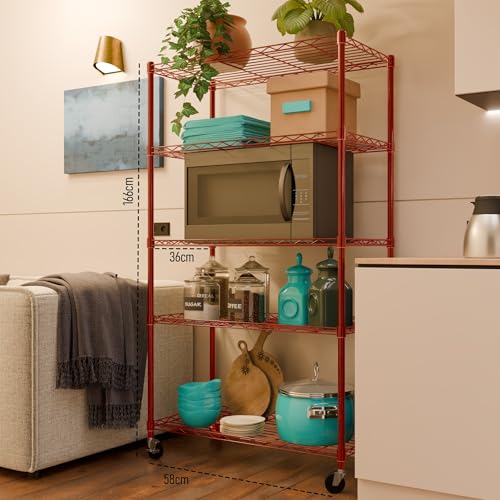 Image of 5-Shelves Wheels Heavy Duty Steel Storage Rack | Multipurpose Shelving Unit for Kitchen, Home & Utility