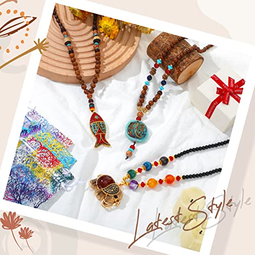 3 Pcs Boho Long Pendant Necklaces For Women Boho Long Wooden Beaded Necklace Handmade Turquoise Fish Elephant Necklace Boho Jewelry With Storage Bag For Women Girls #TOP6