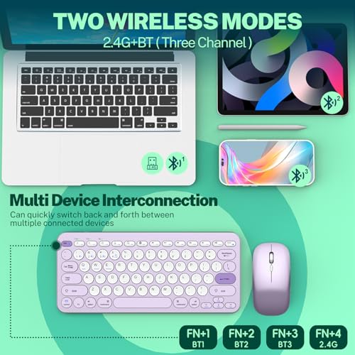 Wireless Keyboard and Mouse, Compact Multi-Device Bluetooth Keyboard and Mouse Combo, Silent Adjustable 2400 DPI, 2.4G+Bluetooth Computer Keyboards for Laptops Mac PC, Chrome OS, Travel (Purple) - Image 2