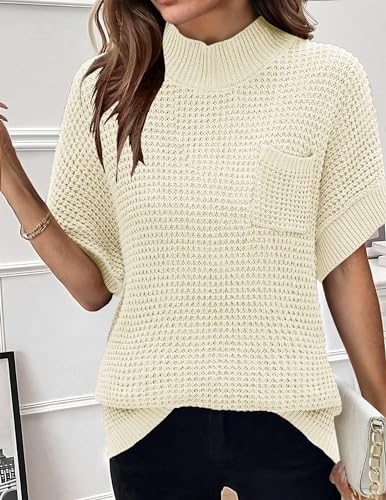 Image of Women 2026 Sweater Vest Mock Neck Batwing Short Sleeve Oversized Ribbed Knit Tops Fall Pullover Sweater S-XXL