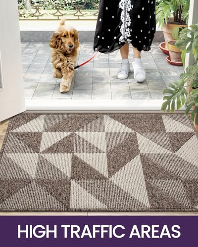 DEXI Front Door Mats for Entryway, Non Slip Washable Low-Profile Entry Doormat, Absorbent Resist Dirt Inside Floor Entrance Mat, Patio, 3x5 ft, Brown/White