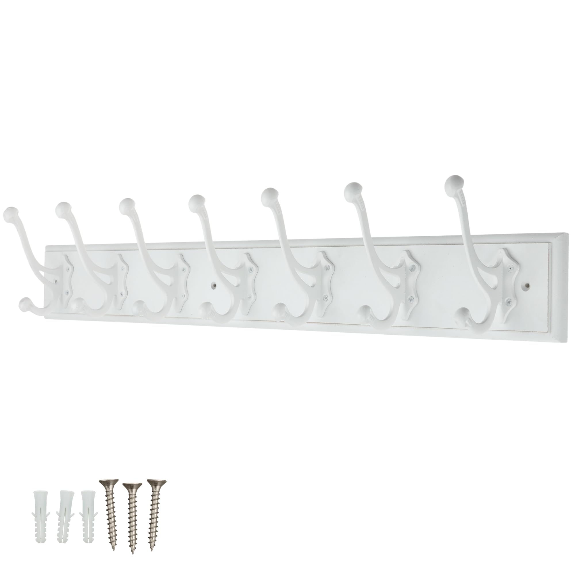 Keypak Rustic White Painted Board With White Hooks 7 Hook Rustic Wooden Backplate Wall Mounted Coat Rack 7 Double Antique Hooks 84Cm X 10Cm - Space Saving For Robes, Towels & Entryway Bathrooms