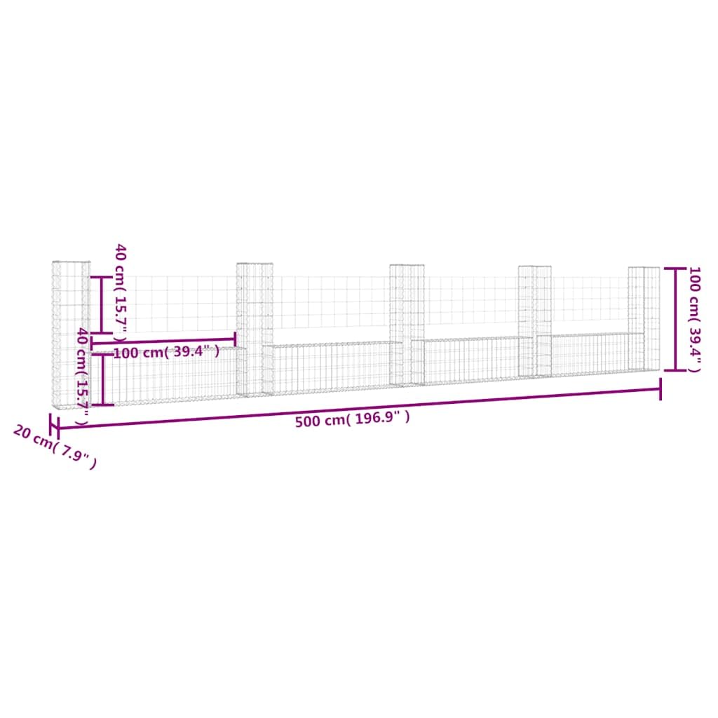 Gabionenkorb U-Form mit 5 Säulen aus Eisen, 500x20x100 cm, robustes Maschengitter, Sichtschutz und Windschutz für Garten, Terrasse, Vorgarten und Außenbereich