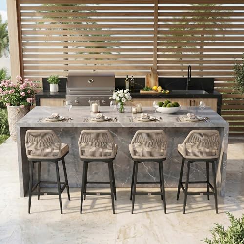 Image of PURPLE LEAF Outdoor Swivel Bar Height Stools Set of 2 Patio 360 Rotating All-Weather Wicker High Top Stools with Back and Cushion for Outside Backyard Kitchen Bistro Garden, Dark Grey