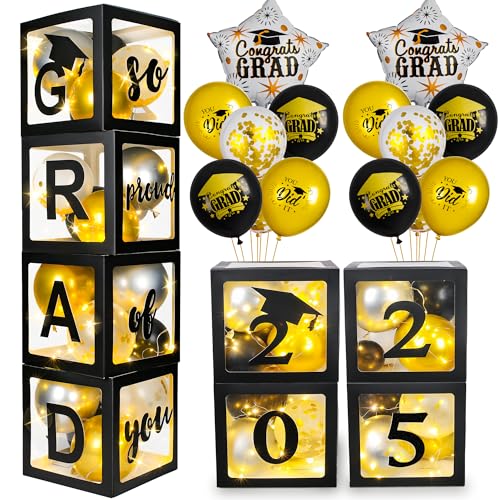 AYGXU Graduation Decorations 2025-Graduation Party Decorations,Graduation Balloons Boxes(4PCS) with LED Light Strings & Letters 2025 GRAD So Proud of You,Party Favors For Any Grades Class.