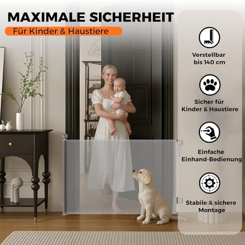 Allyson® Treppenschutzgitter Ausziehbar, Türschutzgitter bis 140 cm Treppengitter für Kinder & Haustiere, Kinderschutzgitter 85 cm Höhe, Haustierschutzgitter Einziehbar, Verstellbar & Stabil – Grau