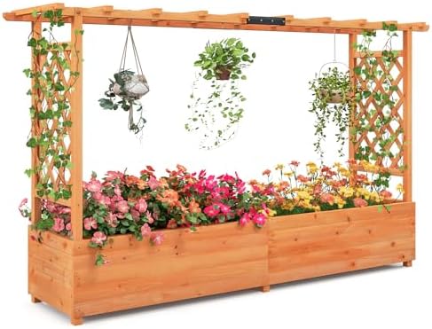 Giantex Raised Garden Bed with Trellis & Hanging Roof, Wood Planter Box with Bottom and Drainage Holes, Freestanding Garden Planter for Flower Vegetable Fruit Herb Climbing Vines (79" x 17.5" x 45")