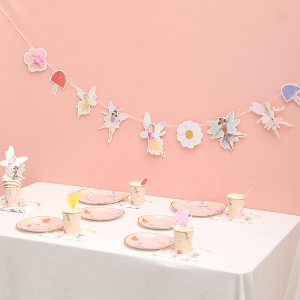 Juego de vajilla desechable de 57 piezas, diseño de hadas, hongos, platos, vasos, servilletas, decoración de pastel de hadas, suministros de decoración de fiesta de cumpleaños para niñas (10