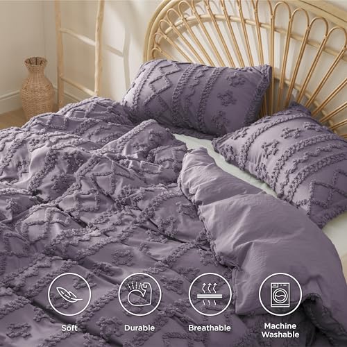 Image of Bedsure Boho Duvet Cover Queen Size, Soft & Comfortable Elegant Design Boho Bedding for Decoration, Machine Washable Comforter Cover for All Seasons,Includes 1 Duvet Cover & 2 Pillow Shams,Purple