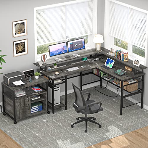 Unikito L Shaped Computer Desk, Reversible Corner Desk With Power Outlet And Led Strip, L- Shaped Gaming Table With Monitor Stand And Storage Shelf, Ergonomic 2 Person Home Office Work Desk, Black Oak #TOP1