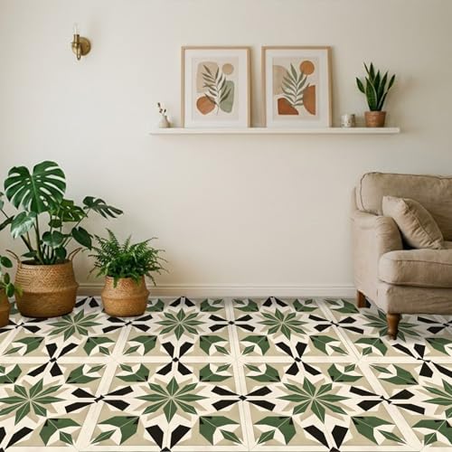Image of Nuxovilar Peel and Stick Vinyl Floor Tiles, 12x12 Inch | Retro Dark Green Starburst Geometric Pattern, Self-Adhesive Flooring (10 Pcs)