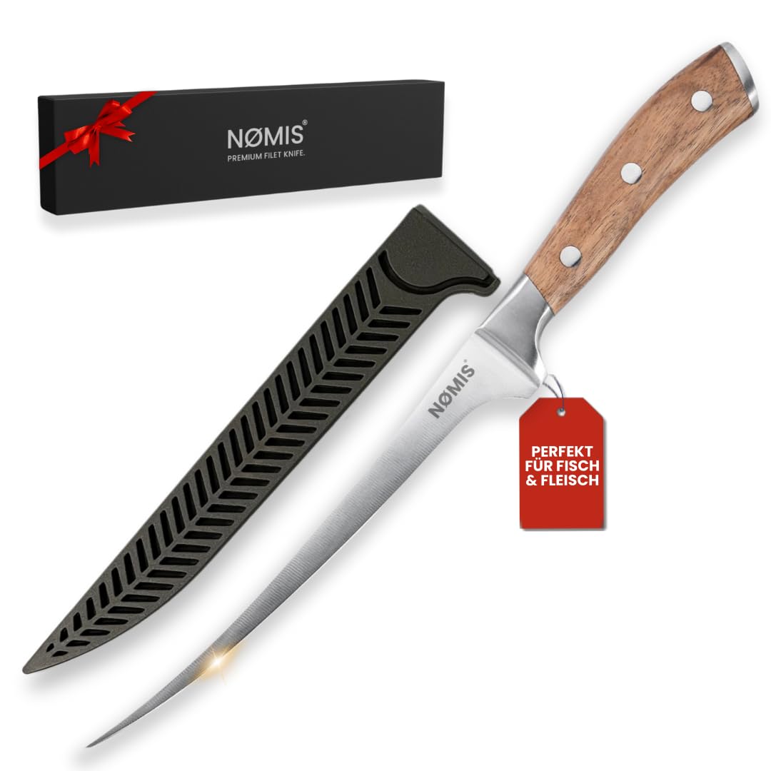 NØMIS Premium Filetiermesser Fisch | Filitiermesser scharf Fisch | Fischmesser | 18,5 cm Klinge aus Deutschem Edelstahl | Ausbeinmesser Profi für Fisch und Fleisch | Griff aus Zebraholz