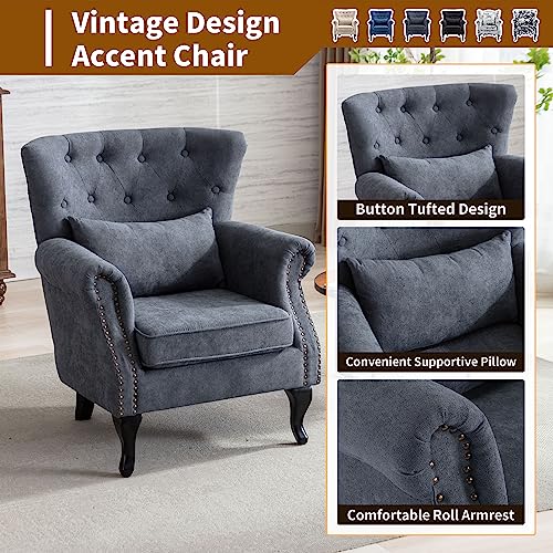 Goolon Accent Chair Living Room Chair Fabric Button Tufted Side Chair For Bedroom Rivet Trim Upholstered Chairs For Living Room Wing Back Chair Leisure Single Sofa With Pillow Wood Leg Gray #TOP3