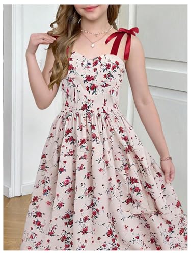 Verdusa Girl's Floral Bow Tie Shoulder Smocked Dress Ruffle Backless A Line Long Dresses3