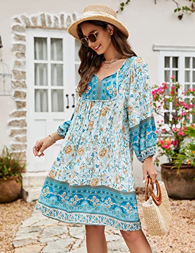 Image of Bluetime Women Casual Summer Dress Boho V Neck 3 /4 Sleeve Babydoll Floral Print Flowy Beach Dress