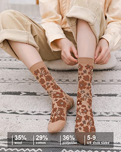 Image of IIG 5 Pairs Womens Pretty Vintage Wool Socks Unique Print Design Soft Cozy Warm Crew Socks Christmas Gift