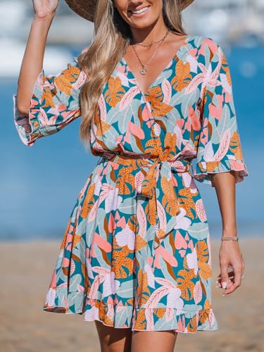 Image of CUPSHE Beach Dress for Women Casual Summer V Neck Tropical Half Sleeves Belted Ruffled Vacation Mini Dress