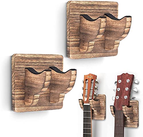Image of Wooden Guitar Wall Mount Hanger - Wall Mounted Guitar Holder with Soft Padded Hooks - Wooden Guitar Stand for Acoustic, Electric, Bass & Ukulele - Space Saving Guitar Wall Hanger Rack