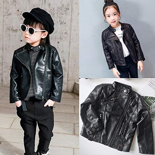 Kids Girls Boys Leather Jacket Baby Motorcycle Coat Faux Pu Zipper Coat Winter Windproof Bomber Outercoat (Black, 18-24 Months) #TOP1