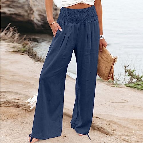 Women Cotton Linen Palazzo Pants Summer Boho Wide Leg High Waist Casual Lounge Pant 2025 Beach Travel Vacation Outfits2