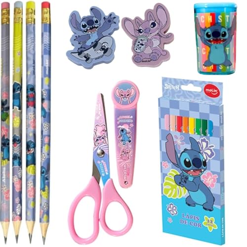 Kit Stitch com Lapis, Borracha, Apontador, Lapis de Cor e Tesoura